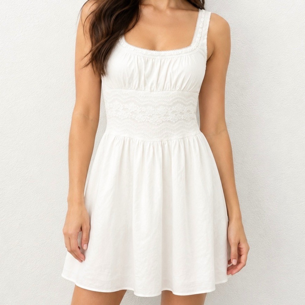 White Lace Waist Milkmaid Mini Dress Boutique Cottagecore Sleeveless Large